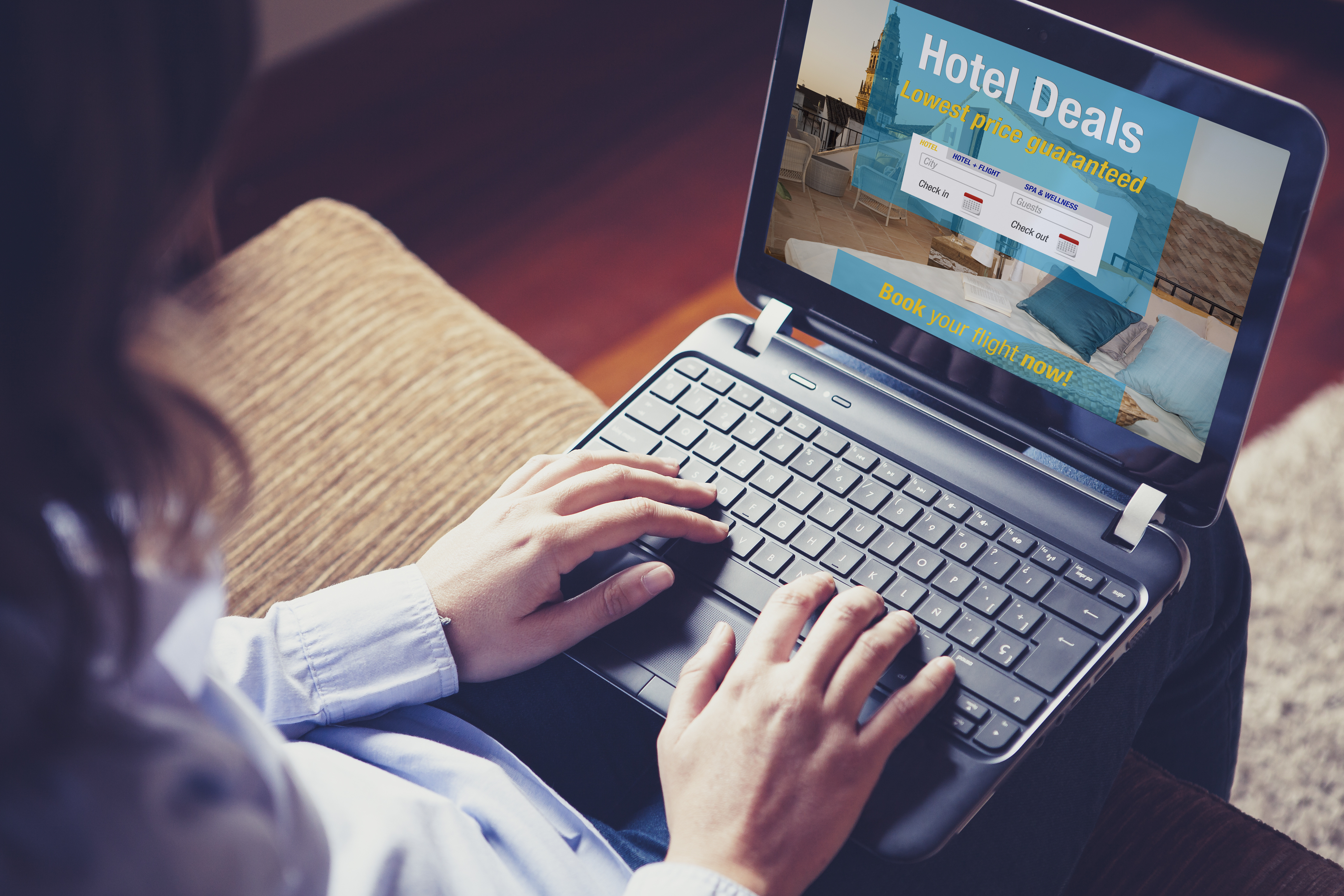 Woman searching a hotel for vacation. Booking template designed on the screen.